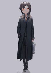 Rule 34 | 1girl, black coat, black pants, braid, brown hair, coat, formal, full body, grey background, hair over shoulder, kantai collection, long hair, looking at viewer, neckerchief, one-hour drawing challenge, orange eyes, orange neckerchief, pants, simple background, single braid, solo, souya (kancolle), suit, suitcase, yamashichi (mtseven)
