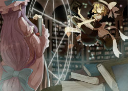Rule 34 | 2girls, bad id, bad pixiv id, blonde hair, book, hugging book, broom, broom riding, female focus, grin, hat, holding, holding book, hugging object, kirisame marisa, library, long hair, magic circle, multiple girls, patchouli knowledge, purple hair, short hair, smile, touhou, voile, witch, witch hat, yellow eyes, yuzuhara moke
