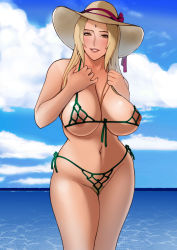 Rule 34 | 1girl, absurdres, bikini, blonde hair, blonde pubic hair, blush, breast suppress, breasts, brown eyes, cloud, day, facial mark, female focus, female pubic hair, forehead mark, groin, hands on own chest, hands up, hat, highres, jnsdh, large breasts, legs, legs together, light blush, long hair, looking at viewer, naruto, naruto (series), nipples, ocean, outdoors, parted lips, pubic hair, revealing clothes, sky, smile, solo, standing, string bikini, swimsuit, thighs, tsunade (naruto), water