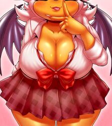 Rule 34 | 1girl,  ears, animal, animal nose, bat girl, bat wings, blush, bouncing breasts, breast focus, breasts, cleavage, curvy, dark-skinned female, dark skin, eyelashes, furry, furry female, gyaru, hanging breasts, highres, huge breasts, leaning forward, michiyoshi, nail polish, necktie, rouge the bat, school uniform, shiny skin, short hair, skirt, smile, sonic (series), thick thighs, thighs, tongue, tongue out, white fur, white hair, wide hips, wings
