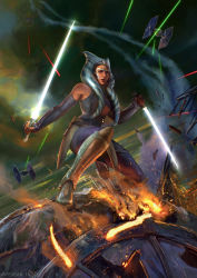Rule 34 | 1girl, 2015, aged up, ahsoka tano, alien, arm guards, armor, battle, boots, damaged, dated, dual wielding, energy beam, energy sword, epic, fire, firing, flying, galactic empire, highres, holding, holding lightsaber, jedi, lightsaber, randy vargas g&oacute;mez, randy vargas gomez, realistic, science fiction, shin guards, signature, smoke, spacecraft, sparks, spoilers, star wars, star wars: rebels, starfighter, sword, tie fighter, togruta, weapon, white lightsaber