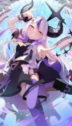 Rule 34 | 1girl, ahoge, arm cuffs, ascot, bare shoulders, black horns, black nails, braid, braided bangs, grey hair, highres, hololive, hololive idol uniform, horns, la+ darknesss, la+ darknesss (1st costume), long hair, motoi (croa76), multicolored hair, pointy ears, purple hair, purple thighhighs, single thighhigh, smile, solo, streaked hair, striped horns, sweat, thighhighs, transforming clothes, virtual youtuber, wrist cuffs, yellow ascot, yellow eyes