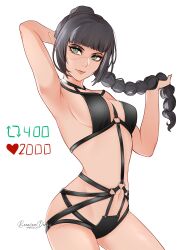 Rule 34 | 1girl, absurdres, alternate costume, arm behind head, armpits, baldur&#039;s gate, baldur&#039;s gate 3, black hair, blunt bangs, braid, braided ponytail, breasts, closed mouth, commentary, dungeons &amp; dragons, elf, english commentary, green eyes, hand in own hair, highres, like and retweet, lips, long hair, looking at viewer, medium breasts, navel, pink lips, pixie (pixieinktvis), pointy ears, scar, scar on face, shadowheart (baldur&#039;s gate), signature, smile, solo, underwear