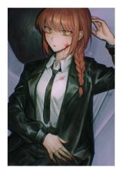 Rule 34 | black coat, black necktie, black pants, blood, blood on clothes, blood on face, border, braid, braided ponytail, breasts, chainsaw man, coat, collared shirt, formal, highres, kgynh, makima (chainsaw man), medium breasts, necktie, pants, red hair, shirt, sidelocks, solo, suit, white border, white shirt, yellow eyes
