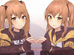 Rule 34 | 2girls, black bow, black gloves, blush, bow, brown eyes, brown hair, brown jacket, brown ribbon, closed mouth, commentary, fingerless gloves, girls&#039; frontline, gloves, hair between eyes, hair bow, hair ornament, hairclip, heart, heart hands, heart hands duo, highres, houraku, jacket, long hair, multiple girls, neck ribbon, open clothes, open jacket, parted lips, red eyes, ribbon, shirt, smile, twintails, ump45 (girls&#039; frontline), ump9 (girls&#039; frontline), upper body, white shirt