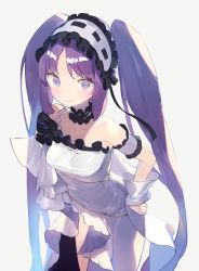 1girl bare_shoulders blush breasts choker dress euryale_(fate) fate/grand_order fate/hollow_ataraxia fate_(series) frilled_hairband frills hairband hajime_(hajime-ill-1st) hands_on_own_hips headdress highres lace lace_choker lolita_hairband looking_at_viewer maid_headdress purple_eyes purple_hair see-through_clothes small_breasts smile solo thighs twintails white_background white_dress