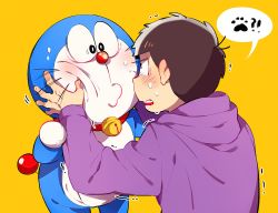 Rule 34 | !?, 10s, 2boys, back, bad id, bad pixiv id, bell, black eyes, blush, collar, confused, crossover, doraemon, doraemon (character), hand on another&#039;s cheek, hand on another&#039;s face, hood, hood down, hoodie, jingle bell, looking at another, male focus, matsuno ichimatsu, motion lines, multiple boys, neck bell, o2 (o2mm), osomatsu-kun, osomatsu-san, osomatsu (series), paw print, robot, simple background, speech bubble, trembling, yellow background