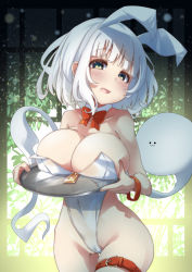 Rule 34 | 1girl, :3, alternate costume, animal ears, bob cut, bow, bowtie, braid, breast rest, breasts, cameltoe, carried breast rest, carrying, cleavage, collar, commentary, covered navel, cowboy shot, detached collar, fake animal ears, green eyes, half-closed eyes, head tilt, highleg, highleg leotard, highres, holding, holding tray, konpaku youmu, konpaku youmu (ghost), large breasts, leotard, looking at viewer, open mouth, pegashi, playboy bunny, rabbit ears, red bow, red bowtie, short hair, smile, solo, standing, strapless, strapless leotard, thigh gap, thigh strap, touhou, tray, white collar, white hair, wing collar, zipper pull tab