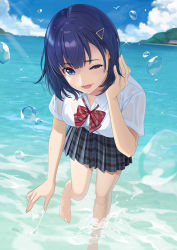 Rule 34 | 1girl, barefoot, blue eyes, blue hair, bow, bowtie, breasts, collared shirt, day, dress shirt, hair ornament, hairclip, icchiramen, leaning forward, light rays, looking at viewer, medium breasts, miniskirt, ocean, open mouth, original, outdoors, pleated skirt, school uniform, shirt, short hair, short sleeves, skirt, smile, solo, standing, standing on one leg, wading, water drop, white shirt, wince