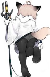 Rule 34 | 1girl, absurdres, adjusting clothes, adjusting legwear, ahoge, animal ear fluff, animal ears, arknights, ass, barefoot, black pantyhose, brown hair, coat, fox ears, fox girl, fox tail, from behind, from below, full body, gloves, highres, holding, holding staff, hood, hooded coat, long sleeves, menthako, no shoes, panties, panties under pantyhose, pantyhose, soles, solo, staff, standing, standing on one leg, sussurro (arknights), tail, underwear, white coat, white gloves, wide sleeves
