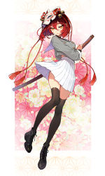 Rule 34 | 1girl, black footwear, black thighhighs, boots, breasts, collar, commentary request, dress, full body, grey shirt, hair between eyes, hair ornament, highres, holding, holding sword, holding weapon, katana, long sleeves, looking at viewer, mask, mask on head, medium hair, original, parted lips, red hair, sailor collar, sailor dress, school uniform, serafuku, sheath, sheathed, shirt, shoelaces, simple background, skirt, solo, standing, standing on one leg, sword, thighhighs, thighs, weapon, white sailor collar, white skirt, yellow eyes, yuu (higashi no penguin), zettai ryouiki