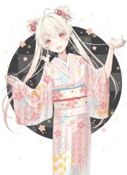 Rule 34 | 1girl, ahoge, animal, azuki (ckxs7444), double bun, floral background, floral print, flower, furisode, hair bun, hair flower, hair ornament, head tilt, highres, holding, holding animal, japanese clothes, kimono, looking at viewer, mouse (animal), nail polish, obi, open mouth, original, platinum blonde hair, sash, smile, solo, twintails