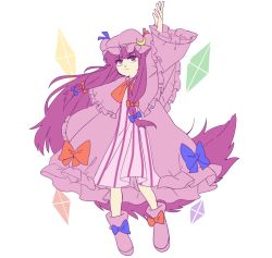 Rule 34 | 1girl, absurdly long hair, boots, bow, crystal, dress, hat, jeto (jetopyon), long hair, long sleeves, md5 mismatch, patchouli knowledge, pink footwear, purple eyes, purple hair, reaching, reaching towards viewer, resized, solo, touhou, very long hair