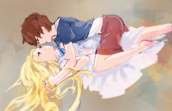 Rule 34 | 10s, 2girls, anna (omoide no marnie), blonde hair, blue ribbon, brown hair, casual, couple, dress, eye contact, half-closed eyes, holding hands, hon kai, interlocked fingers, long hair, looking at another, lying, marnie (omoide no marnie), mouth hold, multiple girls, omoide no marnie, ribbon, shorts, white dress, yuri