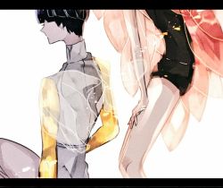 Rule 34 | 2others, androgynous, black hair, blue hair, gem uniform (houseki no kuni), golden arms, houseki no kuni, letterboxed, long hair, morganite (houseki no kuni), multiple others, out of frame, phosphophyllite, phosphophyllite (ll), pink hair, saku (saku5991), see-through, short hair, sitting, spoilers, white background