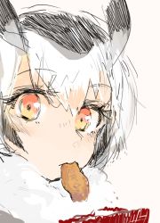 Rule 34 | 1girl, blush, close-up, closed mouth, custom (cus-tom), expressionless, food, food in mouth, from side, fur collar, hair between eyes, kemono friends, looking at viewer, looking to the side, mouth hold, multicolored eyes, multicolored hair, northern white-faced owl (kemono friends), orange eyes, owl ears, pink background, portrait, short hair, simple background, snack, solo, white hair, yellow eyes