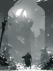 Rule 34 | 1other, absurdres, ambiguous gender, boots, bridge, cape, corpse, from behind, giant, glowing, glowing eyes, greyscale, highres, holding, kalmahul, looking at another, monochrome, monster, moon, original, scenery, short hair, solo, standing, statue, weapon, weapon on back