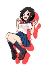 Rule 34 | 1girl, :d, black hair, blue sailor collar, blue skirt, blue socks, borrowed character, breasts, brown footwear, colored shadow, commentary request, drop shadow, full body, hands up, katou-chan (shiromanta), loafers, looking at viewer, muu (mumumer), neckerchief, open mouth, original, pleated skirt, red eyes, red neckerchief, sailor collar, school uniform, serafuku, shadow, shirt, shoes, simple background, skirt, small breasts, smile, socks, solo, v, white background, white shirt