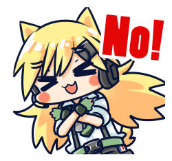 Rule 34 | &gt; &lt;, 1girl, :d, animal ears, belt, black shorts, blonde hair, blush stickers, buckle, cat ears, cat tail, chibi, chinese commentary, commentary request, crossed arms, diagonal-striped clothes, diagonal-striped necktie, facing viewer, fingerless gloves, girls&#039; frontline, gloves, green belt, green gloves, green necktie, hair between eyes, hair ornament, hairclip, headset, highres, idw (girls&#039; frontline), long hair, necktie, no, no (gesture), official art, open mouth, shirt, shorts, simple background, sleeves rolled up, smile, snap-fit buckle, solo, striped clothes, su xiao jei, suspender shorts, suspenders, tail, twintails, upper body, white background, white shirt, xd