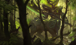Rule 34 | animal, animal on shoulder, axe, bare tree, bird, bird on shoulder, blurry, centaur, commentary, dappled sunlight, day, deer, depth of field, elderwood hecarim, forest, giant, giant male, glowing, hecarim, holding, holding axe, league of legends, male focus, nature, orange eyes, outdoors, solo, stream, sunlight, taur, tree, victor maury, water