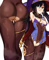 Rule 34 | 1girl, armpits, ass, black hair, black pantyhose, blue eyes, breasts, censored, cleft of venus, closed mouth, covered navel, crotch cutout, detached sleeves, fur collar, genshin impact, highres, long hair, medium breasts, mona (genshin impact), mosaic censoring, multiple views, nipples, pantyhose, pussy, pussy cutout, roropull, simple background, thigh gap, torn clothes, torn legwear, twintails, white background
