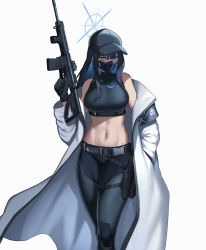 Rule 34 | 1girl, absurdres, bare shoulders, baseball cap, belt, black belt, black gloves, black hair, black hat, black pants, black shirt, blue archive, blue eyes, breasts, cero (last2stage), coat, commentary, commission, crop top, english commentary, feet out of frame, gloves, gun, hat, highres, holding, holding gun, holding weapon, large breasts, leggings, long hair, looking at viewer, mask, midriff, mouth mask, navel, off shoulder, open clothes, open coat, pants, rifle, saori (blue archive), shirt, simple background, sleeveless, sleeveless shirt, solo, standing, stomach, thighs, weapon, white background, white coat