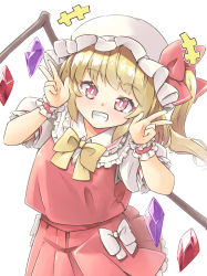 Rule 34 | +++, 1girl, arnest, blonde hair, bow, bowtie, bright pupils, crystal, double v, flandre scarlet, grin, hands up, hat, hat bow, highres, long hair, mob cap, one side up, puffy short sleeves, puffy sleeves, red bow, red eyes, red skirt, red vest, shirt, short sleeves, simple background, skirt, smile, solo, touhou, upper body, v, vest, white background, white bow, white hat, white shirt, wings, wrist cuffs, yellow bow, yellow bowtie