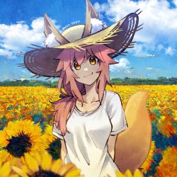 Rule 34 | 021 shiro, 1girl, absurdres, animal ear fluff, animal ears, artist name, blush, breasts, cleavage, cloud, cloudy sky, collarbone, fang, fate/grand order, fate (series), flower, fox ears, fox girl, fox tail, hat, highres, large breasts, long hair, looking at viewer, nature, outdoors, pink hair, shirt, skin fang, sky, solo, straw hat, sun hat, sunflower, t-shirt, tail, tamamo (fate), tamamo no mae (fate/extra), tamamo no mae (swimsuit lancer) (fate), tamamo no mae (swimsuit lancer) (first ascension) (fate)