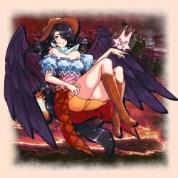 Rule 34 | 1girl, bandana, black hair, black wings, boots, breasts, brown footwear, carbohydrate (asta4282), cowboy hat, full body, hat, high heel boots, high heels, highres, horse girl, horse tail, impossible clothes, knee boots, kurokoma saki, looking at viewer, low ponytail, medium breasts, multicolored clothes, off-shoulder shirt, off shoulder, overskirt, pegasus wings, red eyes, shirt, smile, solo, tail, touhou, white bandana, wings, wolf spirit (touhou)