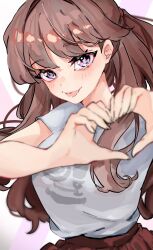 Rule 34 | 1girl, :p, blurry, blurry foreground, blush, breasts, brown hair, brown skirt, commentary request, fujishima megumi, grey shirt, heart, heart hands, highres, large breasts, link! like! love live!, long hair, looking at viewer, love live!, oihlf, pleated skirt, purple eyes, shirt, short sleeves, skirt, solo, t-shirt, tongue, tongue out, two side up, upper body, virtual youtuber