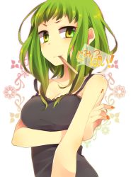 Rule 34 | 1girl, absurdres, bad id, bad pixiv id, bare shoulders, breast hold, breasts, cleavage, green eyes, green hair, gumi, haru (oomr005), highres, looking at viewer, matching hair/eyes, medium breasts, mouth hold, short hair, solo, tank top, vocaloid
