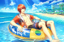 Rule 34 | 1boy, antenna hair, artist request, bad source, barefoot, beach, black male swimwear, black swim trunks, blue sky, building, fingernails, game cg, highres, ittoki otoya, jewelry, looking at viewer, male focus, male swimwear, necklace, ocean, official art, open clothes, open mouth, open shirt, palm tree, red eyes, red hair, short sleeves, sky, smile, soaking feet, solo, swim trunks, swimsuit, teeth, toenails, toes, topless male, tree, umbrella, uta no prince-sama, uta no prince-sama: shining live
