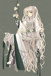 Rule 34 | 1girl, blonde hair, blunt bangs, boots, bug, camisole, closed mouth, commentary request, cross-laced footwear, dress, flat chest, flower, flower over eye, full body, grey background, grey camisole, high heel boots, high heels, kirakishou, lace-up boots, lolita fashion, long dress, long hair, looking at viewer, medium bangs, plant, rose, rozen maiden, sidelocks, sitting, smile, solo, spider, two side up, very long hair, vines, wavy hair, white dress, white flower, white footwear, white rose, yellow eyes, yumu35