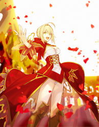 Rule 34 | 1girl, absurdres, ahoge, aokiku, blonde hair, braid, breasts, dress, fate/extra, fate/grand order, fate (series), hair between eyes, hand up, highres, holding, holding sword, holding weapon, looking at viewer, nero claudius (fate), nero claudius (fate) (all), nero claudius (fate/extra), open mouth, petals, red dress, short hair, smile, solo, sword, underwear, weapon, wind, yellow eyes