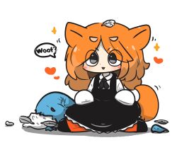 Rule 34 | 1girl, :p, animal ears, black dress, black footwear, blush stickers, broken, chibi, closed mouth, collared shirt, commentary request, dog ears, dog girl, dog tail, dress, feathers, full body, grey eyes, heart, highres, long hair, long sleeves, low twintails, orange hair, orange socks, original, parted bangs, pillow, shadow, shirt, shoes, short eyebrows, simple background, sleeveless, sleeveless dress, sleeves past fingers, sleeves past wrists, smile, socks, solo, sparkle, tail, thick eyebrows, tongue, tongue out, twintails, uni souchou, white background, white feathers, white shirt