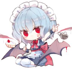 Rule 34 | 1girl, alternate costume, apron, bat wings, black dress, blood, blood on face, blue hair, bow, brown wings, cake, cake slice, chibi, closed mouth, commentary request, cup, dress, enmaided, food, full body, hair between eyes, kotatu (akaki01aoki00), looking at viewer, low wings, maid, maid headdress, outstretched arm, puffy short sleeves, puffy sleeves, red bow, red eyes, remilia scarlet, seiza, short sleeves, simple background, sitting, solo, sugar cube, tea, teacup, thighhighs, touhou, waist apron, white apron, white background, white thighhighs, wings, wrist cuffs