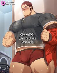 Rule 34 | 1boy, absurdres, akashi (live a hero), alternate pectoral size, bara, boxers, bulge, facial hair, goatee, highres, huge pectorals, jacket, jacket partially removed, large bulge, leoandaslan (leobongnana), live a hero, male focus, male underwear, midriff peek, muscular, muscular male, no pants, red eyes, red hair, red male underwear, scar, scar on face, scar on nose, sideways glance, solo, standing, steaming body, strongman waist, thick eyebrows, thick thighs, thighs, underwear, undressing, yaoi