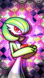 Rule 34 | 1girl, ame (metorui), bob cut, colored skin, creatures (company), female focus, flat chest, game freak, gardevoir, gen 3 pokemon, green hair, green skin, hair over one eye, hands up, highres, looking at viewer, multicolored skin, nintendo, one eye covered, own hands together, pink background, pokemon, pokemon (creature), red eyes, short hair, solo, standing, two-tone skin, upper body, white skin