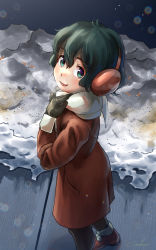 Rule 34 | 1girl, absurdres, alternate costume, black gloves, black hair, black pantyhose, blue eyes, boots, breath, coat, commentary request, earmuffs, from above, fur trim, gloves, highres, kaban (kemono friends), kemono friends, long coat, long sleeves, looking at viewer, no headwear, no headwear, pantyhose, red coat, red footwear, short hair, sleeve cuffs, snow, solo, welt (kinsei koutenkyoku), white fur, winter, winter clothes