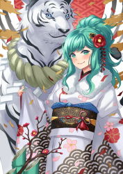 Rule 34 | 1girl, animal, asa no ha (pattern), bamboo, blue eyes, blush, braid, branch, chinese zodiac, closed mouth, confetti, fingernails, floral print, flower, fur trim, furisode, green eyes, green hair, green nails, hair flower, hair ornament, happy new year, hatsune miku, highres, inue ao, japanese clothes, kimono, long fingernails, long hair, looking at viewer, nail polish, new year, obi, obiage, obijime, petals, ponytail, red flower, sash, seigaiha, sleeves past wrists, smile, tiger, vocaloid, white kimono, white tiger, wide sleeves, year of the tiger