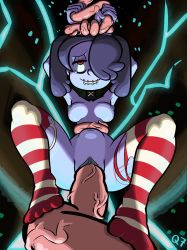 Rule 34 | 1girl, armpits, blue hair, blue skin, breasts, colored skin, detached collar, hair over one eye, highres, navel, nipples, pussy, red eyes, restrained, skullgirls, solo, squigly (skullgirls), stitched mouth, stitches, striped legwear, tagme, tentacle sex, tentacles, vaginal, zombie