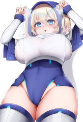 Rule 34 | 1girl, bad id, bad pixiv id, blonde hair, blue eyes, blush, boots, breasts, cameltoe, cleft of venus, ella of the sky, from below, hair between eyes, hair through headwear, highres, hood, huge breasts, last origin, looking at viewer, mapar, mole, mole on thigh, open mouth, oppai loli, sleeves past wrists, solo, thick thighs, thigh boots, thighhighs, thighs, wide hips
