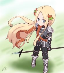 Rule 34 | 1girl, abigail williams (fate), achilles (fate), achilles (fate) (cosplay), arm behind back, arm grab, armor, armored boots, black gloves, black pants, blonde hair, blue eyes, blush, boots, bow, breastplate, brown bow, closed mouth, commentary request, cosplay, eyes visible through hair, fate/grand order, fate (series), forehead, from above, gloves, green bow, hair bow, highres, holding, holding polearm, holding spear, holding weapon, kujou karasuma, long hair, looking at viewer, looking up, multiple hair bows, pants, parted bangs, pauldrons, polearm, shoulder armor, signature, solo, spear, standing, very long hair, weapon