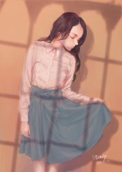 Rule 34 | 1girl, arm at side, blue skirt, brown hair, buttons, collared shirt, commentary request, dated, dress shirt, closed eyes, highres, lips, litra (ltr0312), long hair, long skirt, long sleeves, ltr0312, nose, o-ring, original, parted lips, profile, shirt, skirt, skirt hold, solo, standing, white shirt