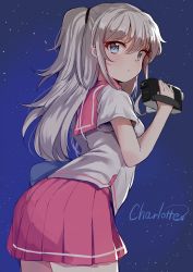 Rule 34 | 1girl, blue eyes, blush, breasts, camcorder, charlotte (anime), closed mouth, copyright name, cowboy shot, from behind, haru (renol), highres, hoshinoumi academy school uniform, leaning forward, long hair, looking at viewer, looking back, miniskirt, night, night sky, pink sailor collar, pink skirt, pleated skirt, sailor collar, school uniform, serafuku, shirt, short sleeves, silver hair, skirt, sky, small breasts, solo, star (sky), starry sky, tomori nao, two side up, video camera, white shirt