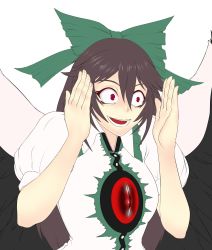 Rule 34 | 1girl, absurdres, black hair, bow, green bow, hair between eyes, hair bow, highres, lautaro, meme, open mouth, red eyes, reiuji utsuho, simple background, solo, teeth, touhou, upper body, white background