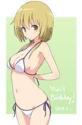 Rule 34 | 1girl, arms behind back, bikini, blonde hair, blush, breasts, character name, closed mouth, commentary, cowboy shot, dated, english text, frown, gradient background, green background, hair over shoulder, hair tie, halterneck, happy birthday, highres, ichii yui, long hair, looking at viewer, medium breasts, mel (melty pot), navel, side-tie bikini bottom, solo, standing, string bikini, swimsuit, twintails, wavy mouth, white bikini, yellow eyes, yuyushiki