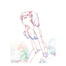 Rule 34 | 1girl, bare arms, bare legs, bare shoulders, bikini, blush, bra, breasts, collarbone, colored pencil (medium), corel painter, crescent, crescent earrings, earrings, flower, hair bobbles, hair ornament, jewelry, kantai collection, lineart, lips, navel, panties, red eyes, sazanami (kancolle), sketch, small breasts, solo, swimsuit, traditional media, twintails, underwear, wrist cuffs, yugen99