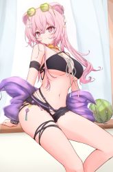 Rule 34 | 1girl, animal ears, arknights, arm strap, bare legs, bare shoulders, bikini, black bikini, black shorts, blush, breasts, closed mouth, collar, eyewear on head, feet out of frame, food, fruit, green-tinted eyewear, hair ornament, hairclip, highres, jacket, large breasts, lin (arknights), long hair, looking at viewer, mouse ears, navel, off shoulder, official alternate costume, open clothes, open fly, open jacket, open shorts, pink eyes, pink hair, purple jacket, risshu, shell hair ornament, short shorts, shorts, sitting, smile, solo, stomach, sunglasses, swimsuit, thigh strap, tinted eyewear, underboob, unzipped, watermelon, yellow-framed eyewear
