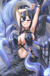 Rule 34 | :p, absurdres, antlers, armpits, arms up, asymmetrical antlers, azur lane, bandaged wrist, bandages, black dress, black hair, black nails, blue eyes, blush, breast curtains, breasts, cleavage, commentary request, covered erect nipples, deer antlers, dress, elsynien, facial mark, fang, golden hind (azur lane), highres, horns, large breasts, looking at viewer, mole, mole under mouth, navel, presenting armpit, revealing clothes, sideboob, stomach, suction cups, sweat, tentacles, tongue, tongue out
